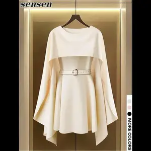 Women's Plain Belted Cloak Sleeve Dress with Belt, Modesty Elegant Fashion Casual Dress for Daily Outdoor Wear, Women Dress for Spring Fall, Modest Style Dress, Modest Solid Color Modern Islamic Muslim Clothing