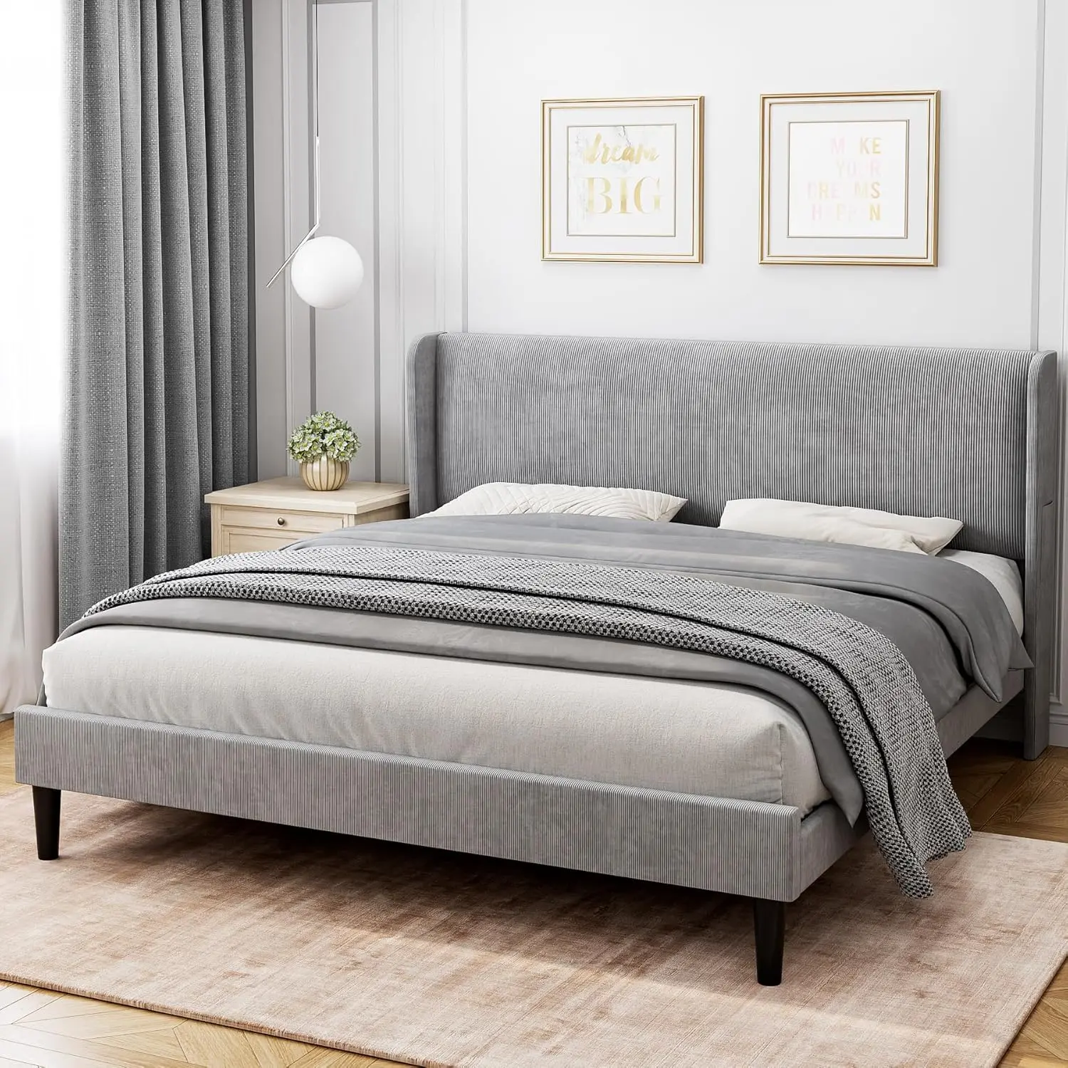 Light Gray Full Upholstered Velvet Wrap Wood-Framed Platform Bed - Winged Back Headboard, Wood Slats, Storage Pockets, Box Spring Optional, Easy Assembly, Wood-Framed Bed Frames