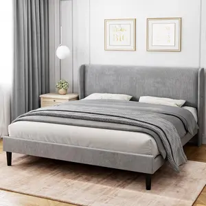 Full Upholstered Velvet Wrap Platform Bed Frame with Winged Back Headboard, Wood Slats, Storage Pockets, Box Spring Optional, Easy Assembly - Light Gray