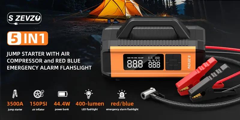 Portable 4000A Car Jump Starter with Air Compressor, 150PSI Tire Inflator for 8.0L Gas & 6.0L Diesel Engines Portable 4000A Car Jump Starter with Air Compressor, 150PSI Tire Inflator for 8.0L Gas & 6.0L Diesel Engines