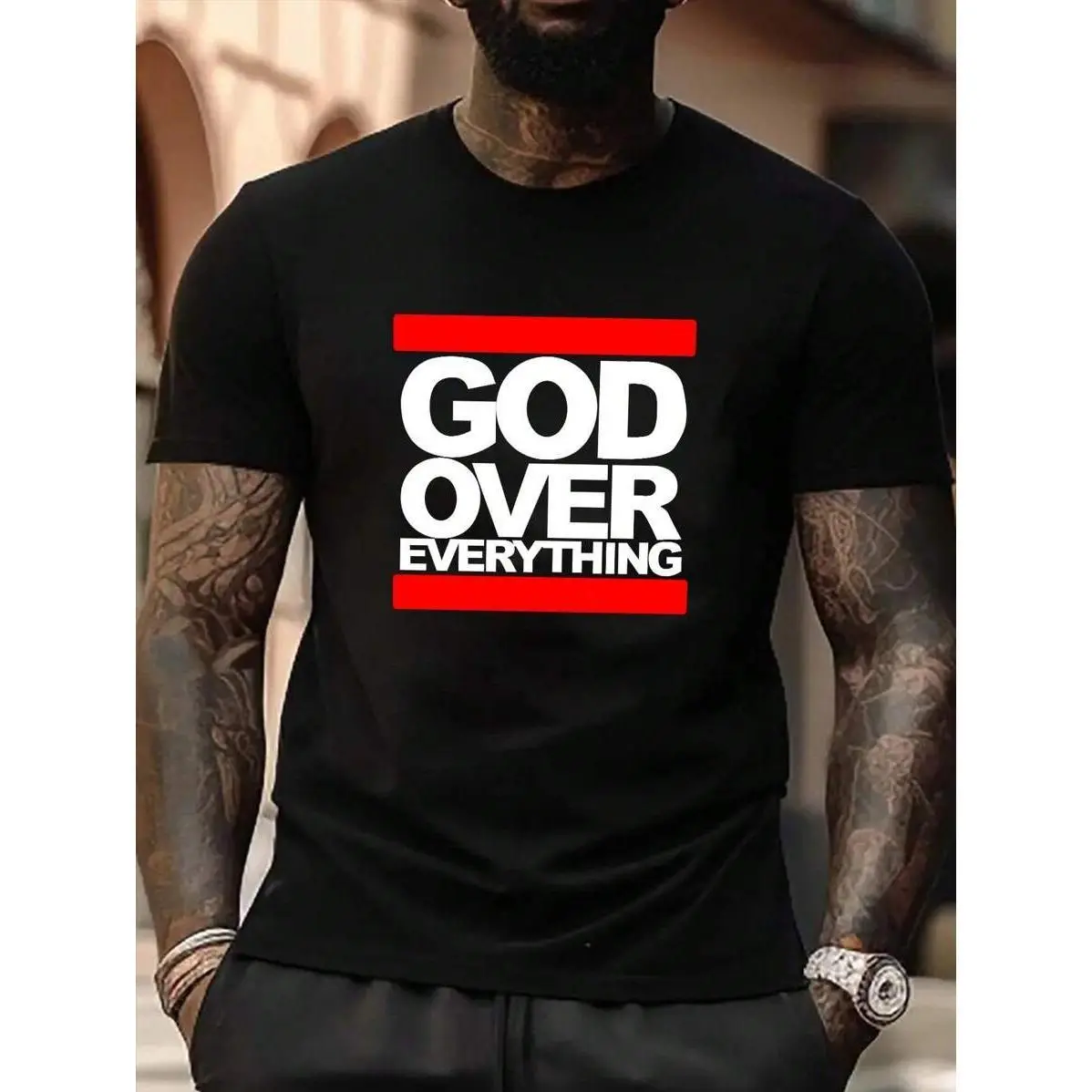 [ Cotton] T - Shirt Showcasing Bold "GOD OVER EVERYTHING" Slogan, For Faith - Driven Fashion T-Shirt For Men And Women