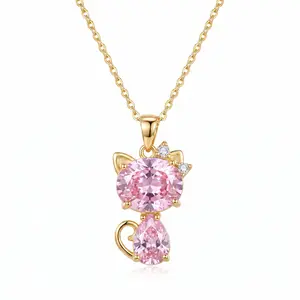 Women's Short Gold-Tone Brass Pink CZ Cat Pendant Clavicular Necklace - Chic Cute, Animal Charms, Bling Costume Jewelry Choker for Engagement, Chic Cute Necklaces, Animal Charms Necklaces