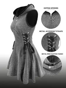 Women's Y2K Metallic Metal Thread Knit Slim Fit Hooded Dress, Adjustable Waist Belt Design, Plain Pattern Fashionable, Womenswear