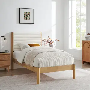 Olea Channel Tufted Boucle Solid Wood Twin Platform Bed in Feather Oak