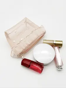 Lace Detail Makeup Bag, Heart Pattern Makeup Bag, Cosmetic Storage Bag, Zipper Makeup Organizer Pouch, Versatile Storage Bag for Travel, Office, Home, Handheld Cosmetic Pouch