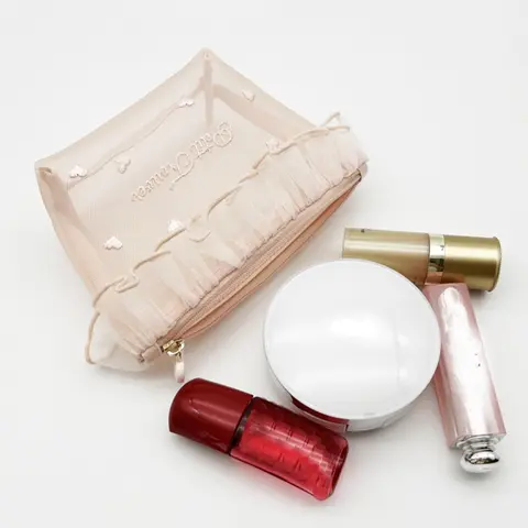 Lace Detail Makeup Bag, Heart Pattern Makeup Bag, Cosmetics Bag, Cosmetic Storage Bag, Zipper Makeup Organizer Pouch, Versatile Storage Bag for Travel, Office, Home, Handheld Cosmetic Pouch, Portable Cosmetic Pouch, Travel Cosmetic Bags, Travel Beauty Bag