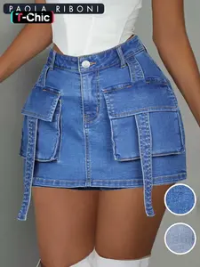 Women's  Multi-pocket 2 in 1 Cargo Denim Shorts, Casual Fashion Skorts for Daily Wear, Ladies Bottoms for Summer