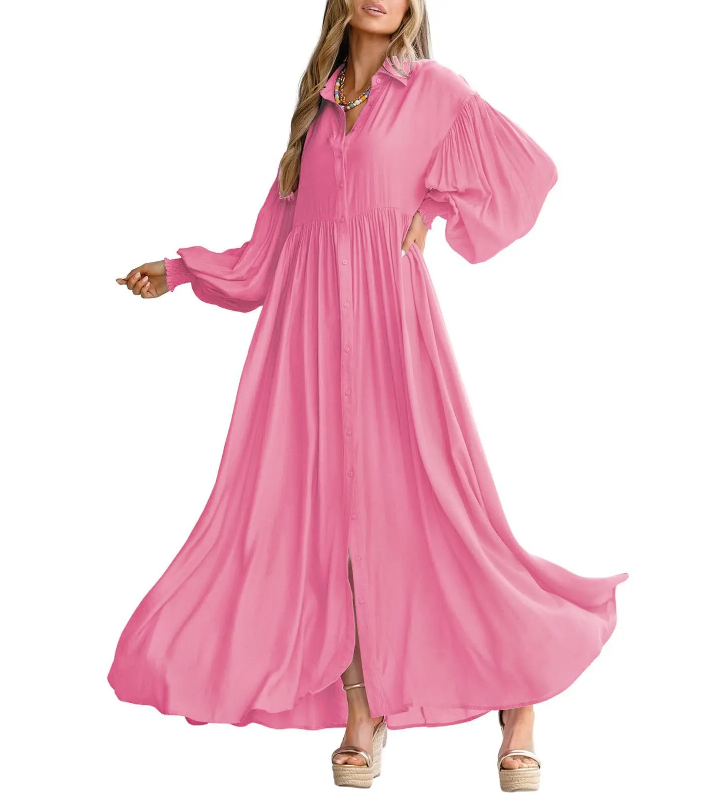 Chouyatou Women's Casual Long Sleeve Button Down Shirt Dress Elegant  Pleated Flowy Swing Maxi Dress Summer Womenswear Black Collared - TikTok  Shop