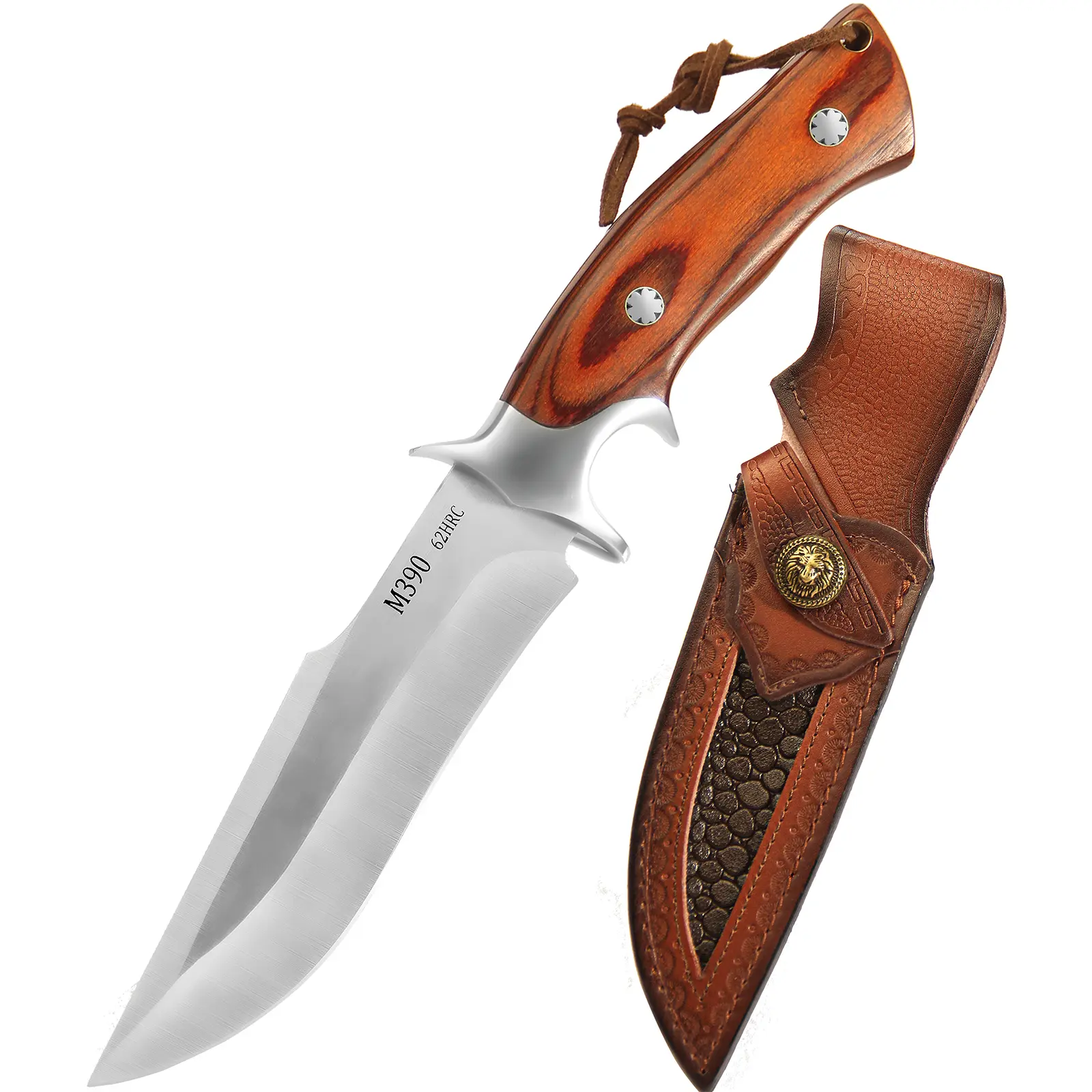 Fixed Blade Knife with M390 Steel Blade & Ergonomic Wood Handle, 62HRC Hardness, Handmade Leather Sheath, Outdoor EDC Tools & Gear, Camping Portable Knives, Edc Gear