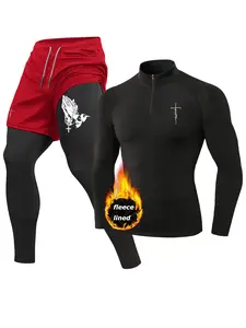 Fall Winter Workout Running Athletic Set for Men, Thermal Warm Fleece Lined Baselayer, Zippered Mock Neck Long Sleeve Compression Shirt, Quick Dry 2-in-1 Leggings Pants with Phone Pocket, Towel Loop, Zipper Pocket, Workout Running Clothes