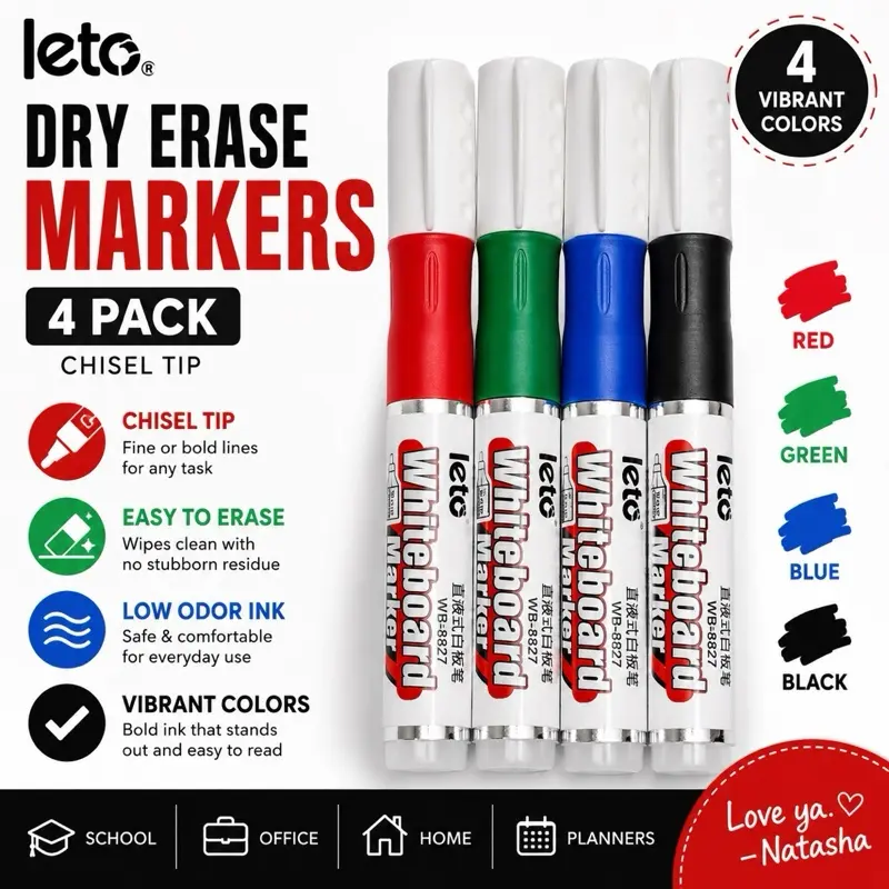 Leto Dry Erase Markers, Low-Odor, Fine Tip, Reusable for Whiteboards, Classrooms, Offices