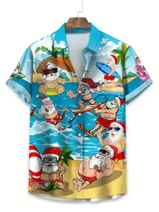 Men's Santa Claus Printed Hawaiian Theme Shirt, Casual Slim-Fitting Short Sleeve Blouse, Year-Round Christmas Spirit Clothing
