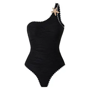 Cikini Sexy One-Piece Swimsuit For Women, One Shoulder, Shell Starfish Decor, Bodycon Beach Holiday Swimwear For Summer Beach