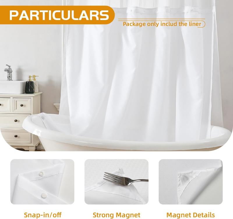 Fabric Snap-in Shower Curtain Liner Replacement 70x54 Inches Water Repellent Removable Polyester No Hook Compatible Liner for Standard Shower Areas