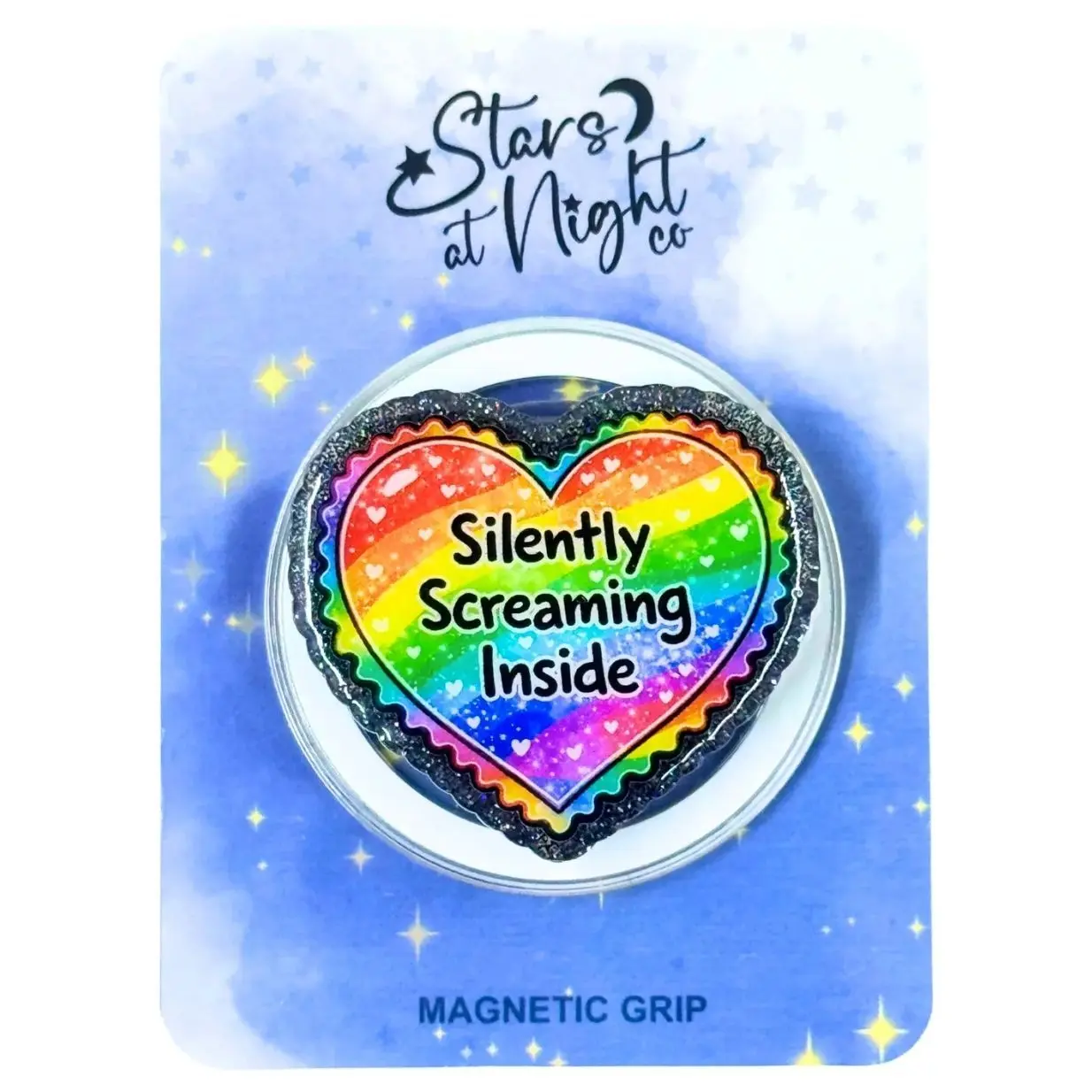 Glitter Heart Phone Grip, Rainbow Sparkle, Magnetic or Adhesive Holder