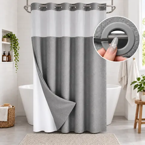 Hookless Shower Curtain, No Hook Waffle Textured Fabric Shower Curtain for Bathroom, Water Repellent, Easy Install, Modern Hotel Style, 72x75 Inch