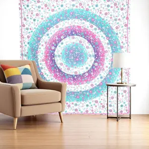 360 stand Large Rectangle Cotton Floral Tapestry - 88x84 in, Pink Blue White Flower Design, Bohemian Indoor/Outdoor Wall Art & Table Decor for Home Rooms, Decorative, Hanging