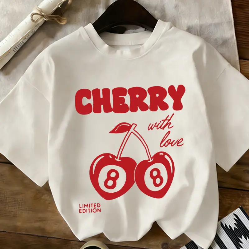 Women's Vintage Oversized Short-sleeve Graphic Tee - Cherry 8 Ball With Love Print, Y2000 Limited Edition, Soft Fabrics, Birthday-ready, Pairable With Sweatpants