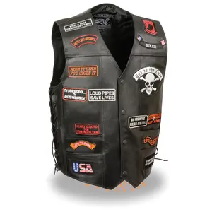 ELM3920 Men's Black Leather Side Lace Vest with 23 Assorted Patches - Classic Biker & Cowboy Style, Durable & Abrasion Resistant, Multiple Pockets for Protection
