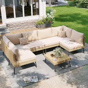 Aoxun 7-Piece Wicker Outdoor Sectional Sofa Set, Outdoor Furniture Set with Water-Resistant Thick Cushions and Coffee Table, Backyard Furniture for Poolside, Beige