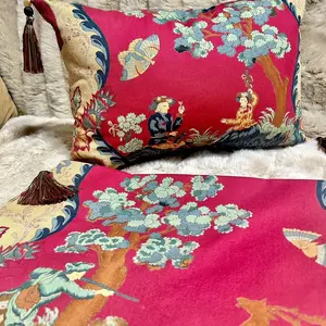 Accent Pillow made of Exclusive Italian Block Print French Scenery Fabric Red Plaid