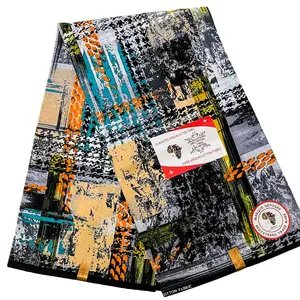 Premium Cotton Kitenge – Vibrant Abstract Designs in Orange, Teal, Black, Gray, and Beige, 6 Yards Durable Wax Print Fabric