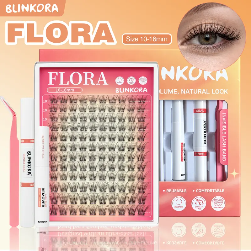 Blinkora Flora Cosmetic Lash Clusters Kit - Invisible Ultra-Thin Band Wispy Dramatic Anime Makeup Products, Soft Waterproof DIY Lash Extension Kit False Eyelashes & Adhesives for Adults