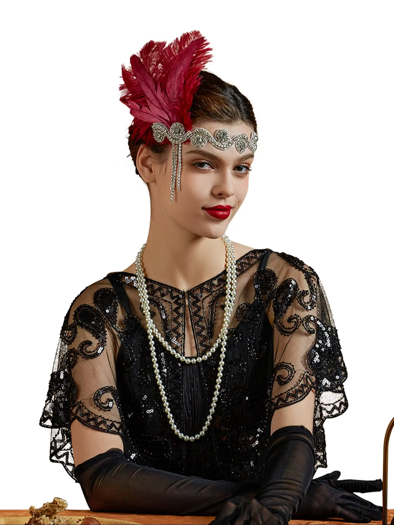 1920s Headpiece Flapper Headband, Rhinestone Pearl Feather Hair Band Great Gatsby Headpiece Accessoreis for Women,Champagne