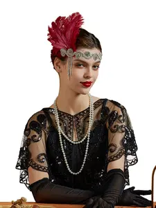1920s Headpiece Flapper Headband, Rhinestone Pearl Feather Hair Band Great Gatsby Headpiece Accessoreis for Women,Champagne