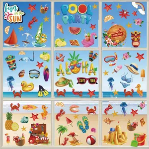 9 Sheets 111pcs Summer Window Adhesive Film, Beach Ocean Animal Theme DIY Decorative Stickers, Pool Party Home School Office Decorations