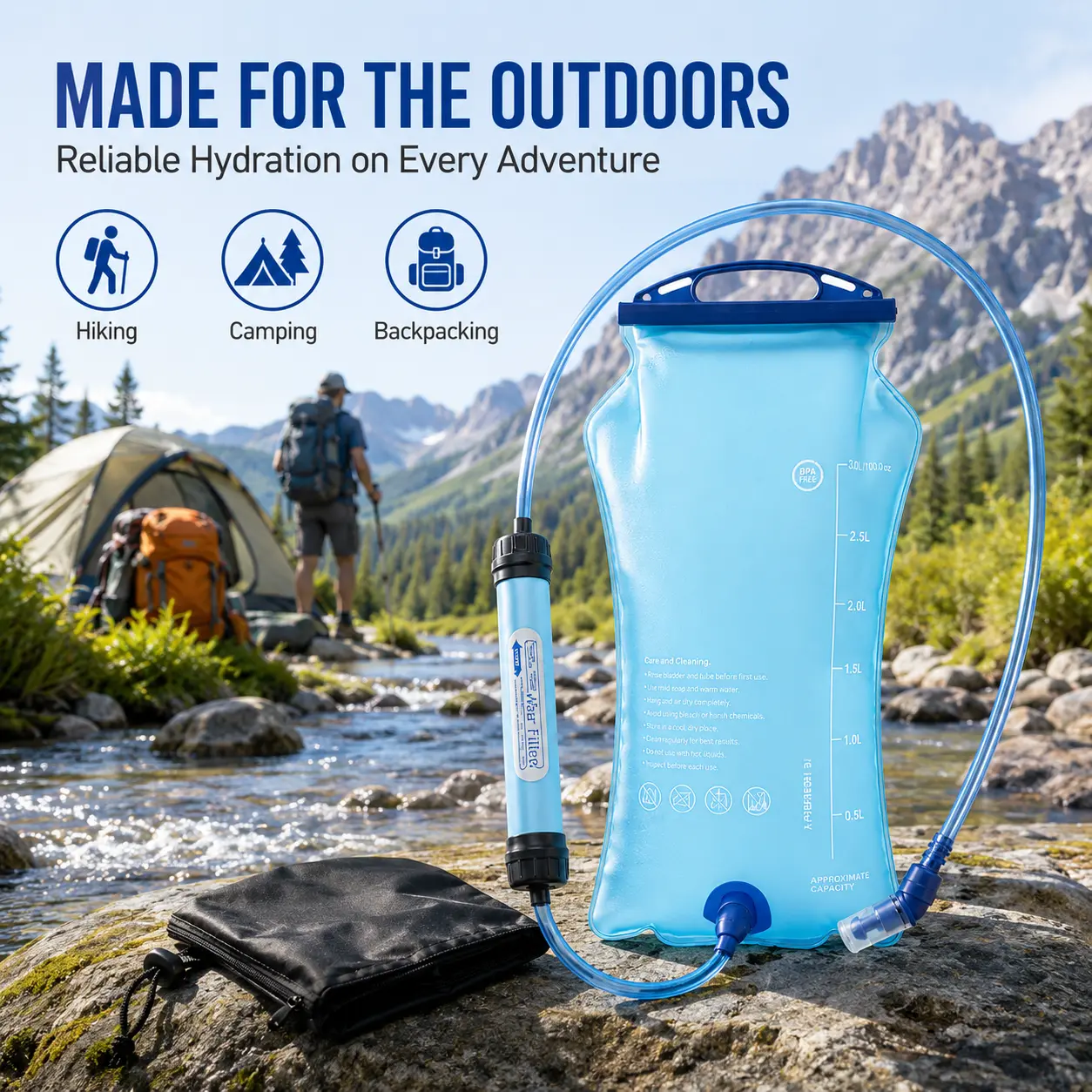 SimPure/WAKIWAKI/MS Gravity Water Filter with 3L Filter Bag Water Storage, Tree Strap, BPA-Free Camping Gear for Survival Camping, Removes Chlorine