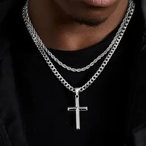 Stainless Steel Cross Necklace for Men - Layered Cross Pendant Necklaces Waterproof Stainless Steel Cuban Link Rope Chain Silver Necklace Stack Jewelry with Gift Bag 22-24 Inches