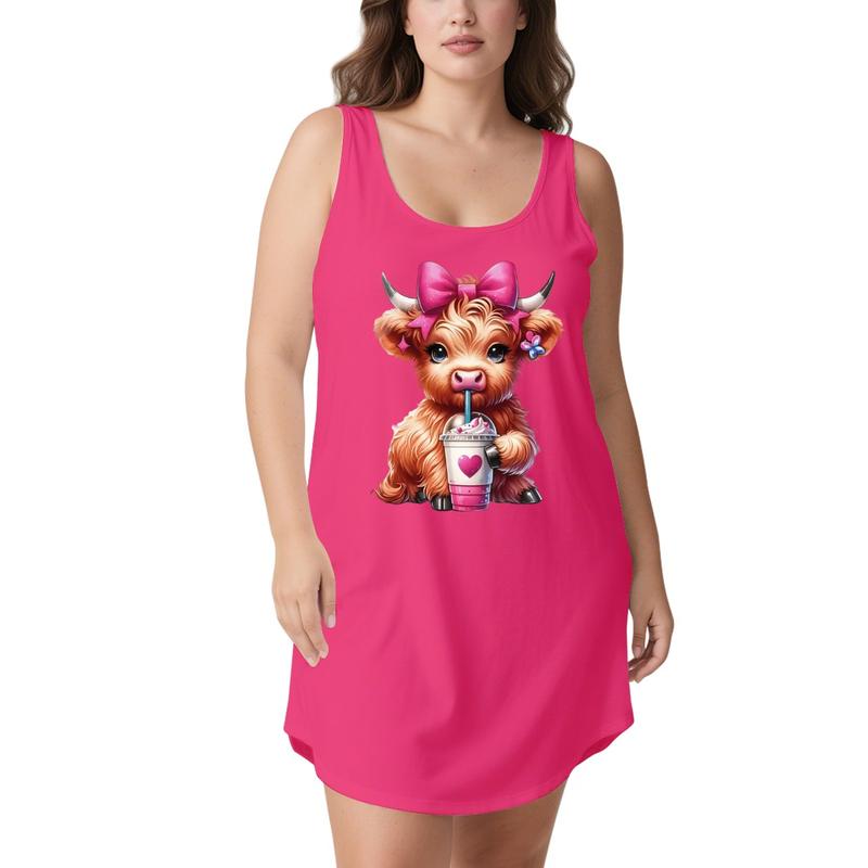 Women's Sleeveless Highland Cow Print Nightdress, Polyester Casual Basics Loungewear, Plus Sizes Sohochic
