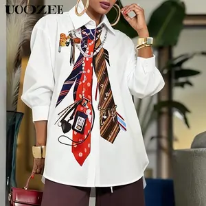 UOOZEE Women's 2026 New Chic Tie-Print 100% Polyester Fabric Button-Down Shirt - 3/4 Sleeve Oversized Blouse, Casual Loose-Fit Graphic Lapel Top for Street Style, Pairable with Camisole & Blazer