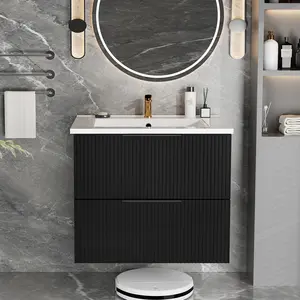 24" Bathroom Vanity Cabinet With Ceramic Sink - Black Wall Mounted Floating Fluted Vanity With Drawers, Modern