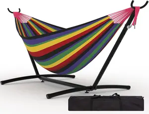 Double Hammock with Heavy-Duty Steel Stand,Portable,Easy Assembly,500lbs Weight Capacity,Perfect for Indoor,Yard,Camping,or Outdoor-Rainbow