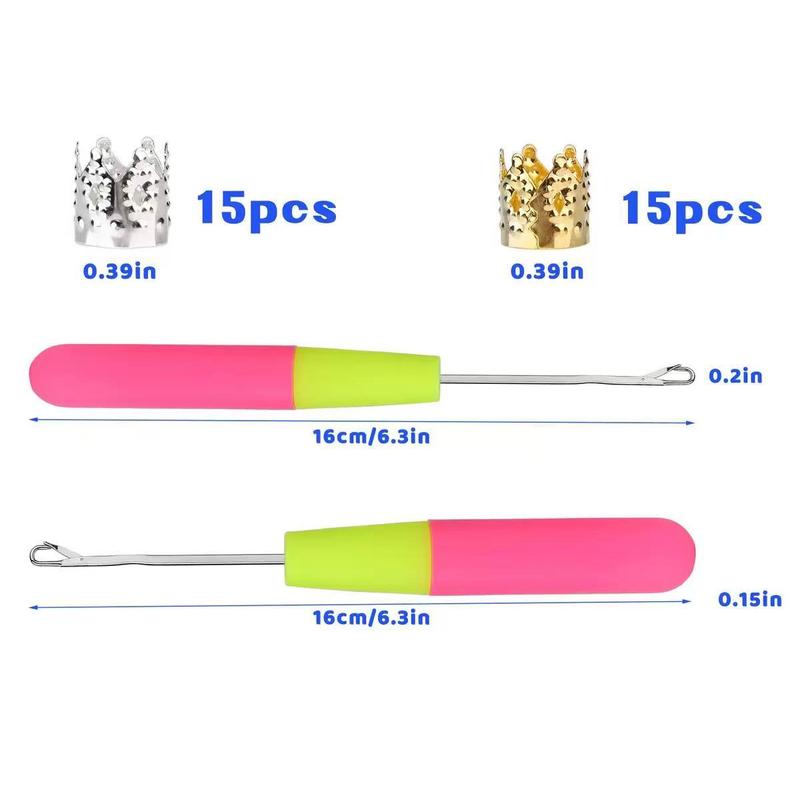 Durable Smooth Multi-Size Metal Hooks Set Pack - 2 Sizes for Tasks, Avoids Hand Fatigue, 30 Pcs Elastics, 2 Pcs Stainless Steel Latch Hook Crochet Yarn Styling Accessories (0.2in, 0.15in Fine Hair) for Scarf Making, Art Crafts