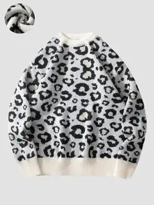 Men's Leopard Print Crew Neck Sweater, Soft Knit, Casual Fashion, Fall & Winter, Classic Colors, Unisex Closet Essential