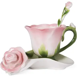 Pink Tea Cup and Saucer Set for 1 Ceramic Hand Crafted Rose Flower Coffee Cup for Mother's Day Thanksgiving Wedding Birthday Gift for Women, 6 Oz stylish drinkware water  goblet Mug Tumblers  matchakitset