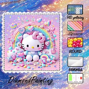 DIY 5D Flocking Diamond Painting Kit, AB Drills, Fairy Dust Drills, Crystal Drills, Hello Kitty, Rainbow, Heart Diamond Embroidery, Special Craft Diamond Art Set, Wall Décor, Gift for Family, Lovers, Friends