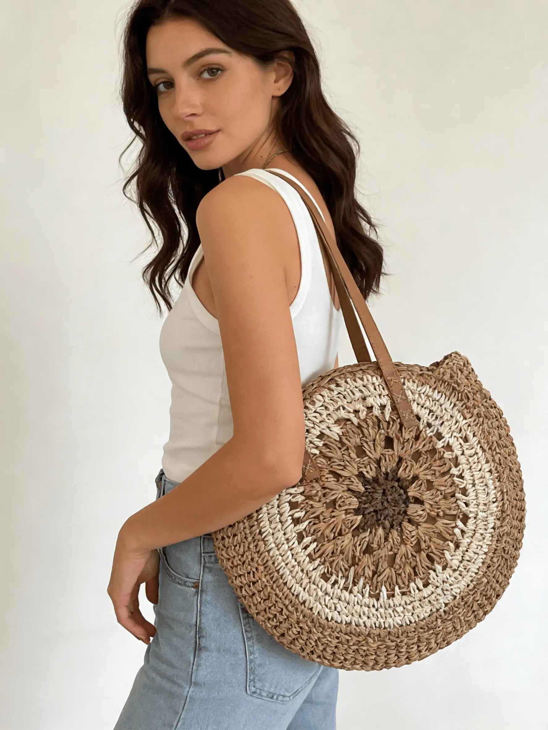 Large Capacity Women's Woven Tote Bag, Casual Tote Bag, Shoulder Handbag, Rattan Bag, Boho Style, Plain Pattern, All Seasons, Bamboo Fiber Material