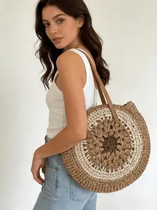 Large Capacity Women's Woven Tote Bag, Casual Tote Bag, Shoulder Handbag, Rattan Bag, Boho Style, Plain Pattern, All Seasons, Bamboo Fiber Material