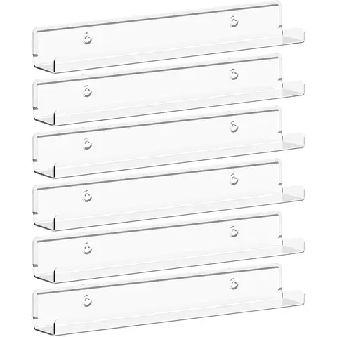 1.5" x 12" Floating Shelves for Vinyl Record 6 Pack  Clear Wall Shelves for Nail Polish/Book/Picture/Makeup, Acrylic Display Shelf Organizer for Bedroom, Living Room, Bathroom, Room Decor