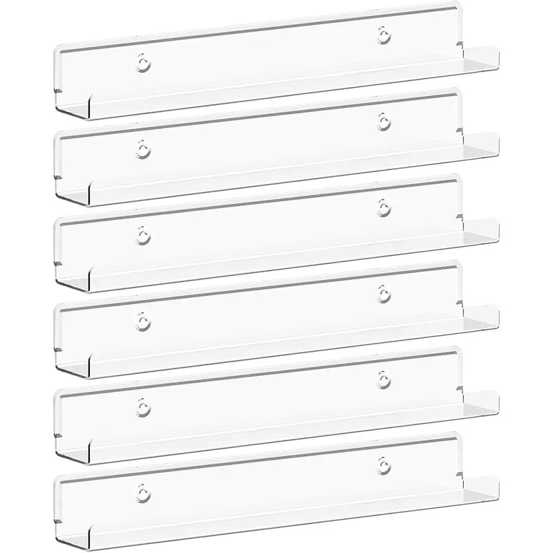 1.5" x 12" Floating Shelves for Vinyl Record 6 Pack Clear Wall Shelves for Nail Polish/Book/Picture/Makeup, Acrylic Display Shelf Organizer for Bedroom, Living Room, Bathroom, Room Decor
