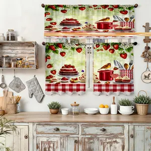 3pcs Kitchen Curtains Strawberry Theme Illustration Baking Scene Brings a Sweet Atmosphere Designed for Rod Pocket Hanging Home Decor Art Print Available in Multiple Sizes (Rod Not Included) Tier & Valance Set