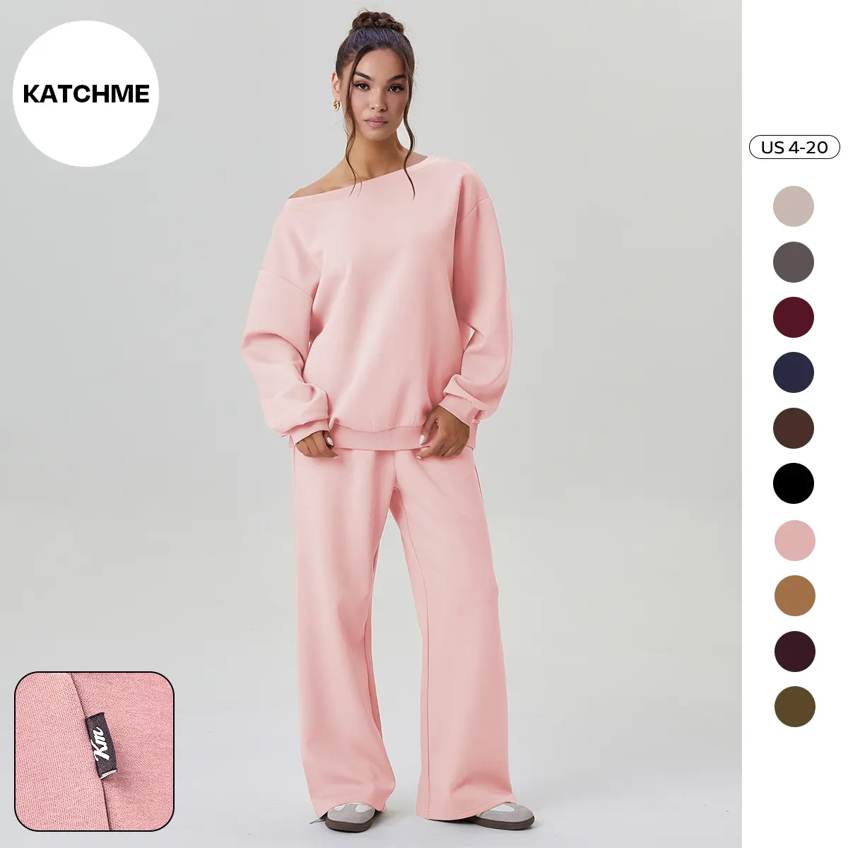 atch Me Chic(US)Women's Leisure Solid Color Sloping Shoulder Long Sleeve Top & Wide Leg Trousers Co-ord, Cozy Scoop Neck Loose Two Piece Outfits, Basic Womenswear(T)