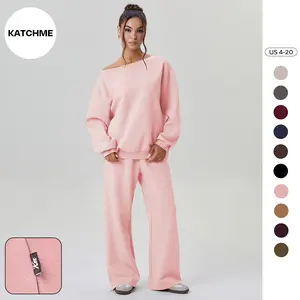 KatchMe Women's Leisure Solid Color Sloping Shoulder Long Sleeve Top & Wide Leg Trousers Co-ord, Cozy Scoop Neck Loose Two Piece Outfits, Basic Womenswear