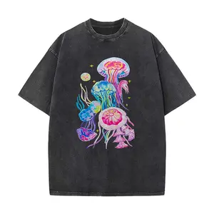 Psychedelic Jellyfish Washed Cotton T-Shirt, Unisex Vintage Oversized Streetwear, Trippy Ocean Lover Gift