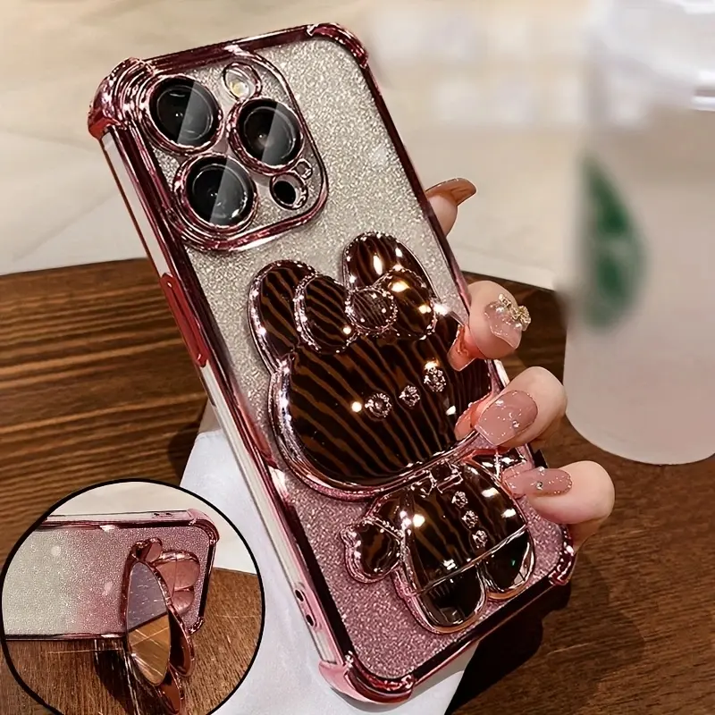 Cute phone case, Stylish protective cover, Shockproof Protective Case with Hidden Rabbit Makeup Mirror Phone Holder, Aesthetic Design, for iPhone 17/16/15/14/13/12/11 Pro Max/Plus, Girl's birthday gift, Valentine's Day