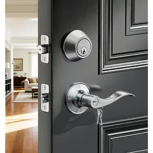 Keyed Alike Front Door Lever, Exterior Door Lever & Single Cylinder Deadbolt Combination Set, Wave Style Entry Door Knob, Heavy-Duty Reversible Left/Right Handle for Bedroom Doors, Satin Nickel